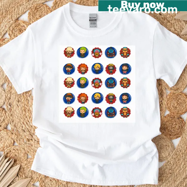 Chibi characters celebrating in a cartoon style on a T-shirt.