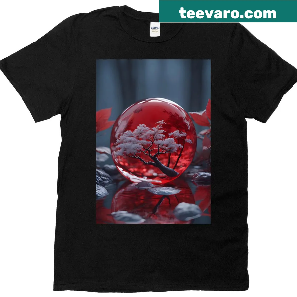Artistic t-shirt with a red orb and white tree design. — on a men's t-shirt