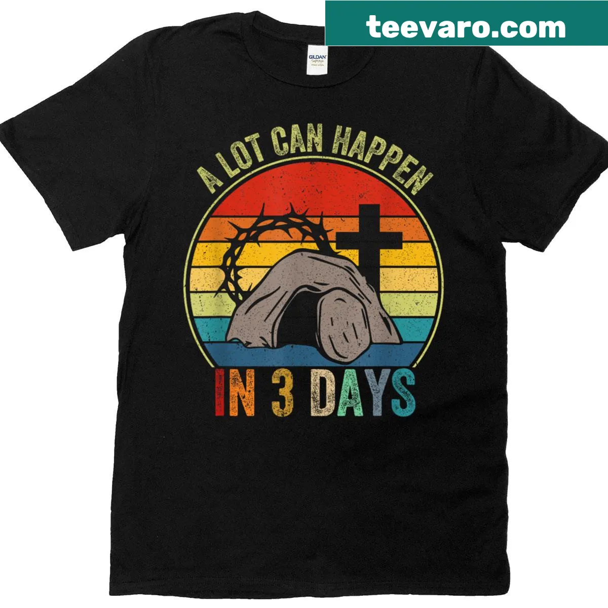 Inspirational Easter T-shirt with the phrase 'A Lot Can Happen In 3 Days' — on a men's t-shirt