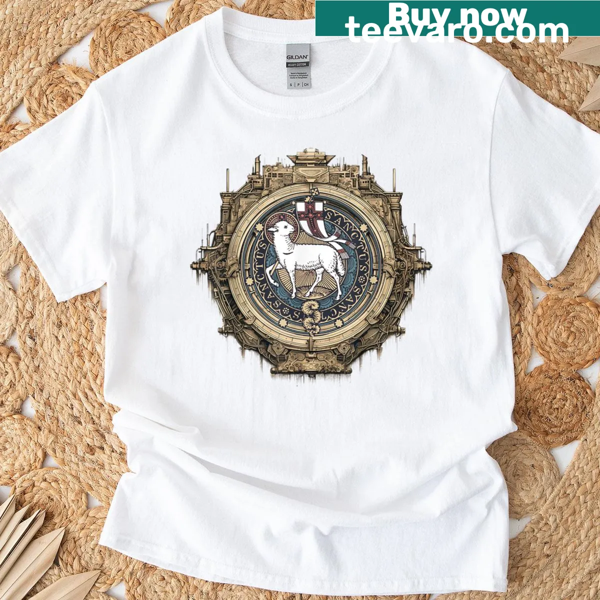 Traditional Latin Mass T-shirt featuring Agnus Dei and sacred symbols. — on a men's t-shirt