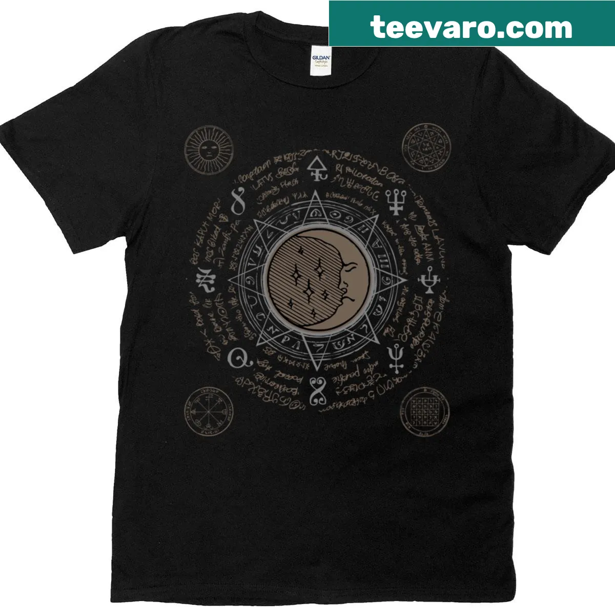 Alchemy-themed oversized T-shirt with moon and symbols — on a men's t-shirt