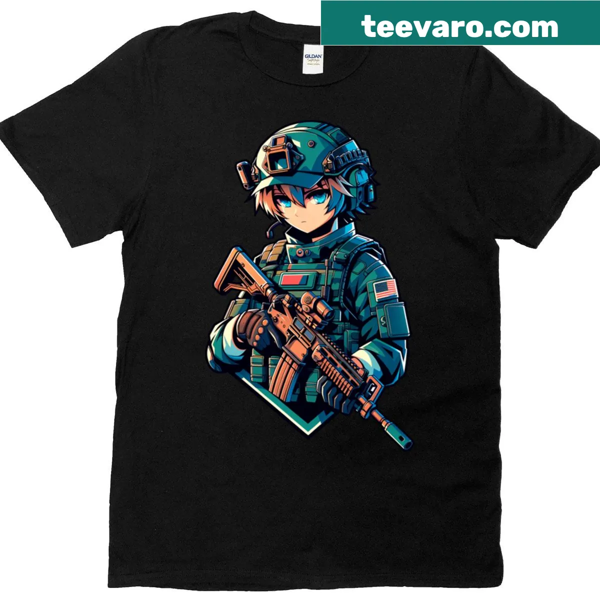 Anime illustration of a military girl on an oversized T-shirt — on a men's t-shirt
