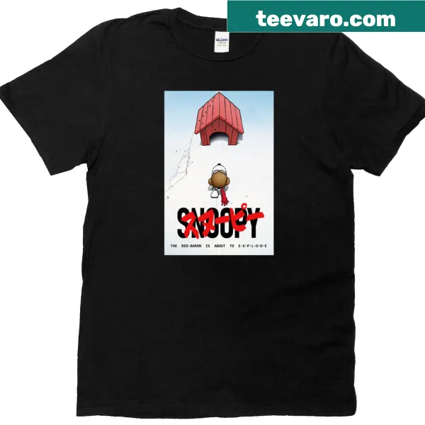 Illustrated dog approaching a kennel on a T-shirt