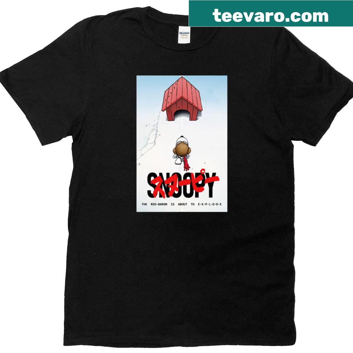 Illustrated dog approaching a kennel on a T-shirt — on a men's t-shirt