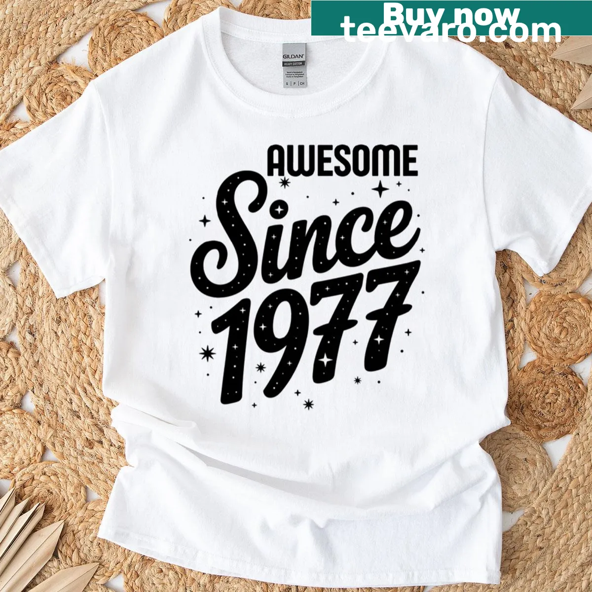 Vintage-style T-shirt with 'Awesome Since 1977' text — on a men's t-shirt