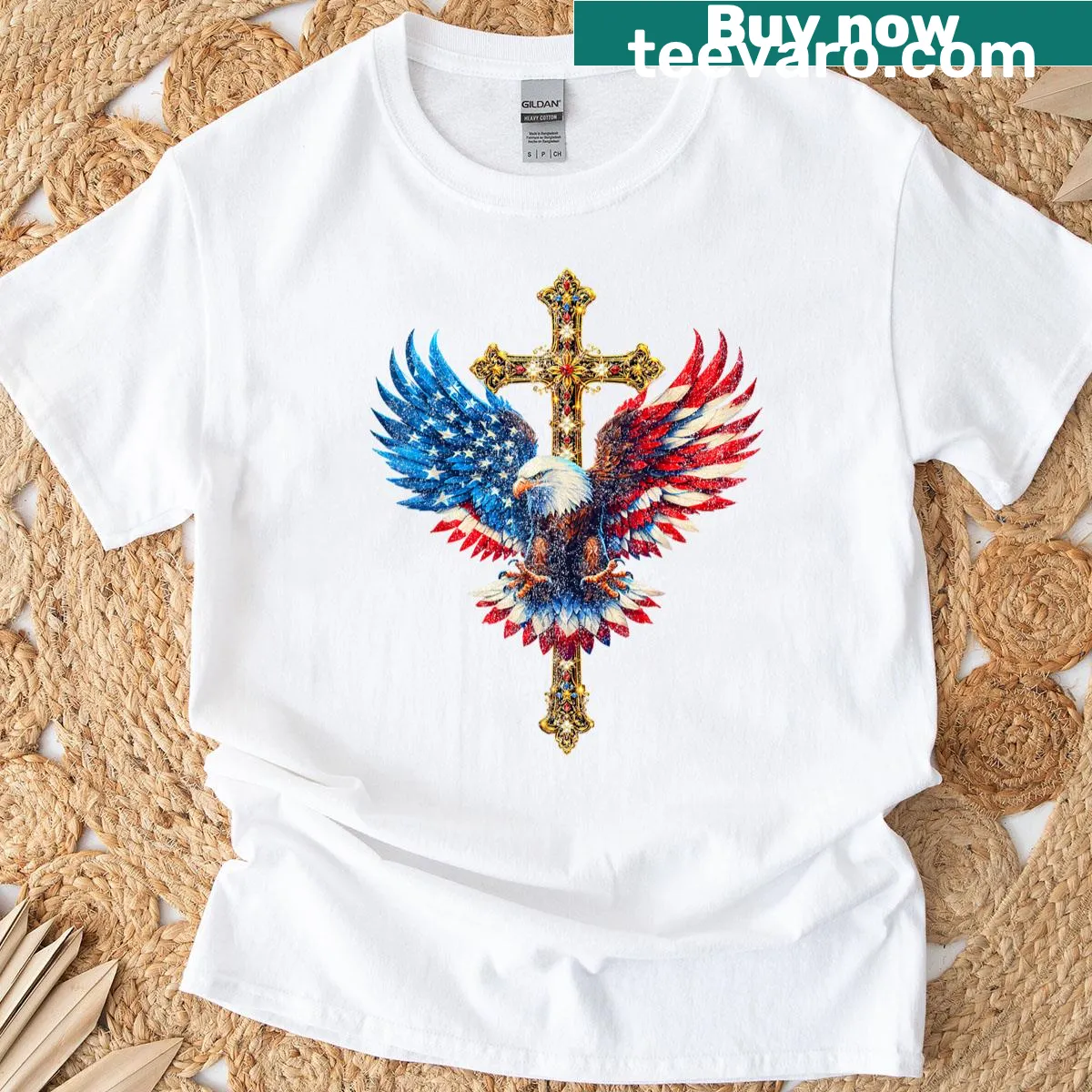 Bald eagle and USA flag design representing faith and patriotism — on a men's t-shirt