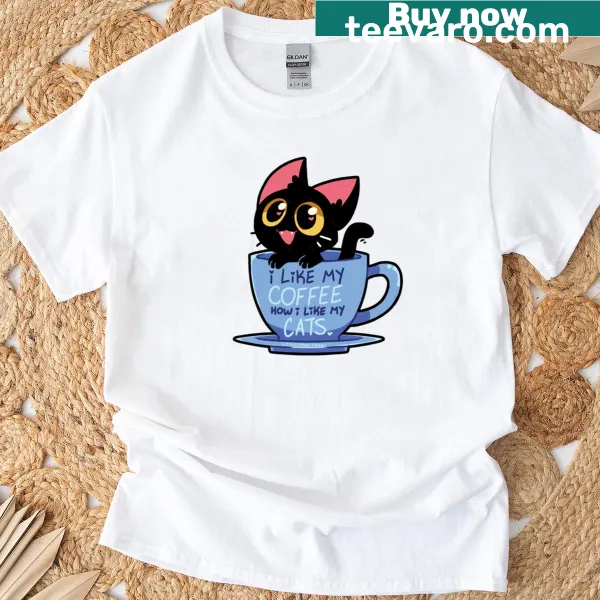 Funny graphic T-shirt featuring a cat and coffee theme