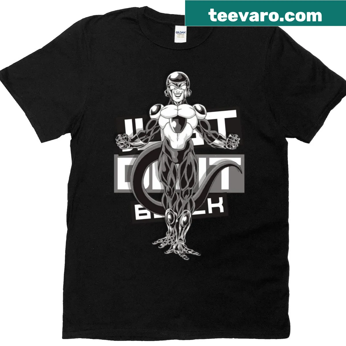 Black Frieza anime t-shirt with 'Just Do It' text and dynamic graphics — on a men's t-shirt