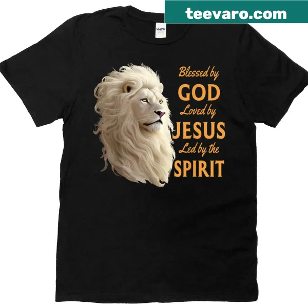 Christian lion T-shirt with 'Blessed By God - Loved By Jesus' text