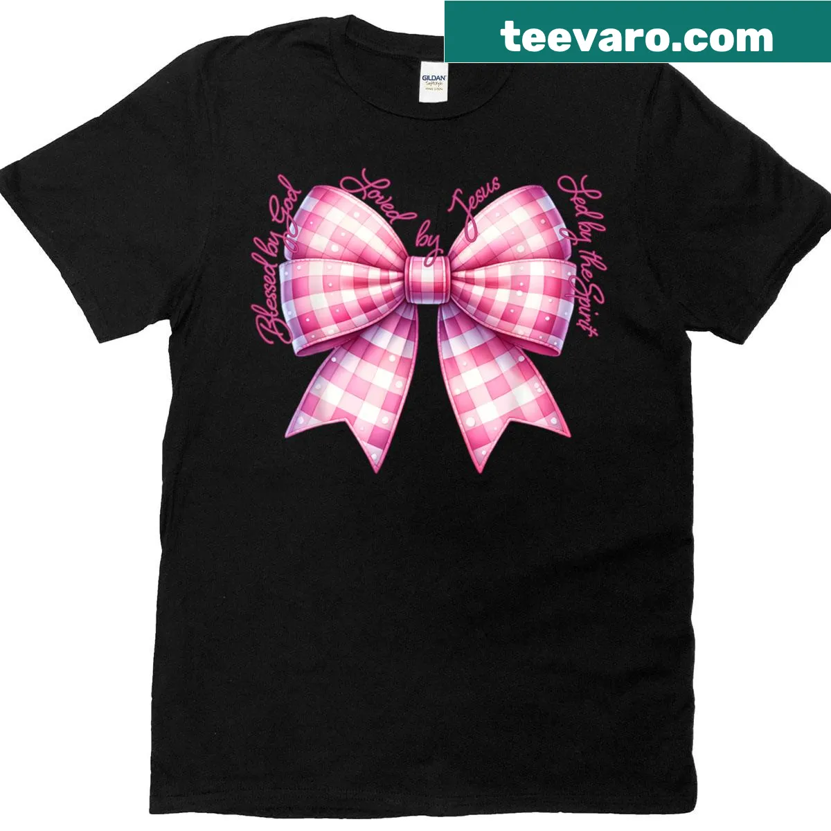 Faith-inspired shirt with 'Blessed By God Loved By Jesus' and a pink gingham bow — on a men's t-shirt