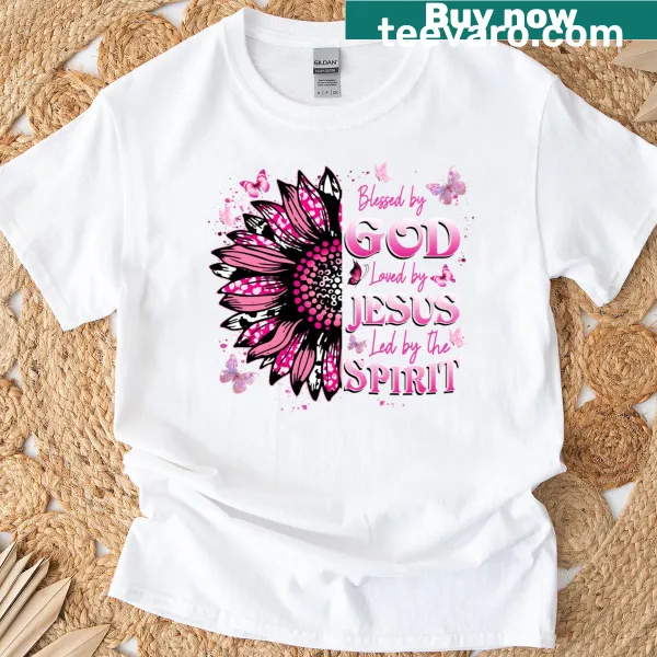 T-shirt with 'Blessed By God - Loved By Jesus' and sunflower illustration