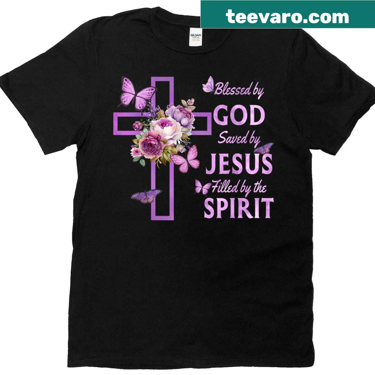 Floral cross T-shirt with 'Blessed By God Saved By Jesus' text — on a men's t-shirt