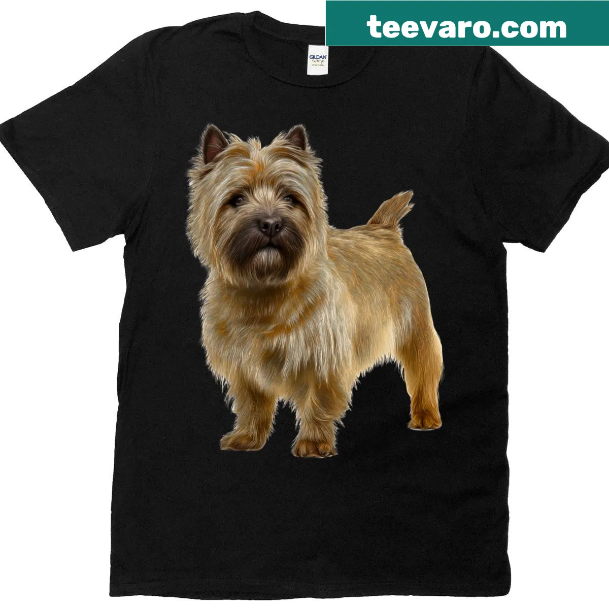 Cartoon T-shirt featuring a Cairn Terrier dog — on a men's t-shirt