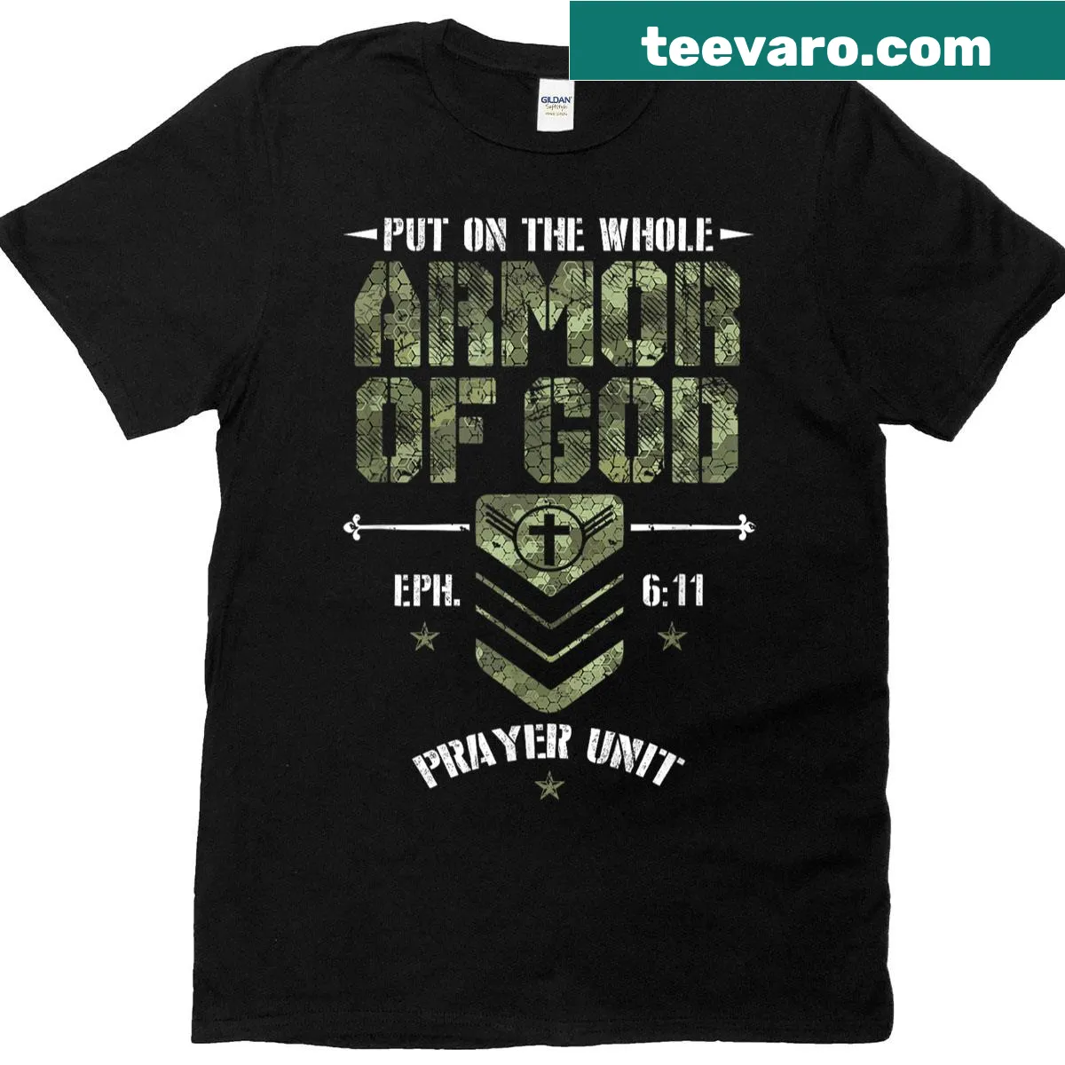 Camo t-shirt with Armor of God silhouette design — on a men's t-shirt