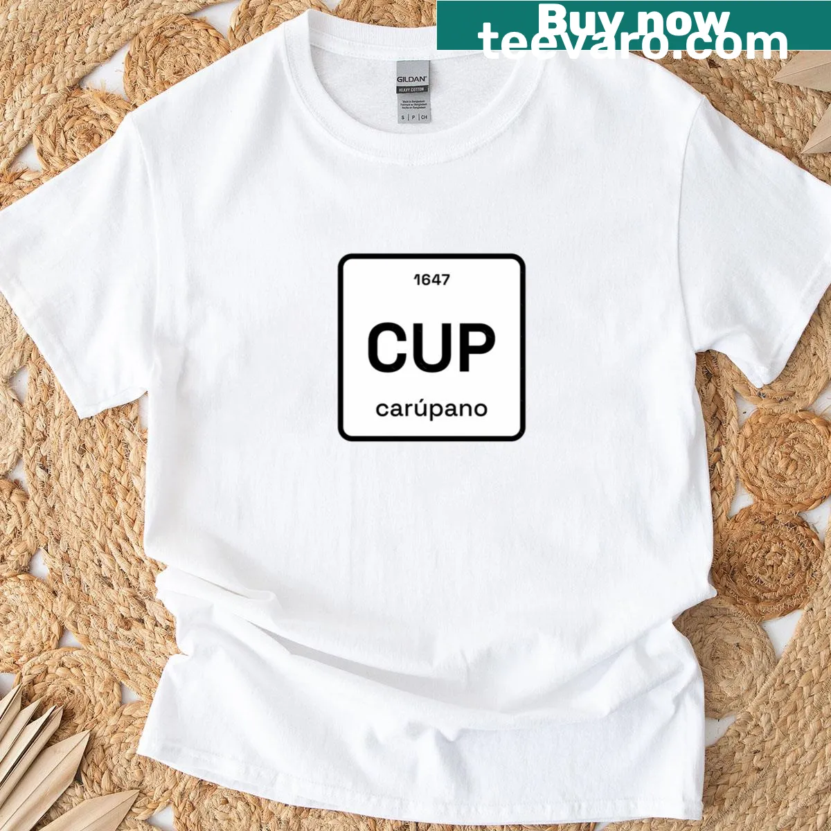 Periodic table design featuring the element Carpano from Venezuela — on a men's t-shirt