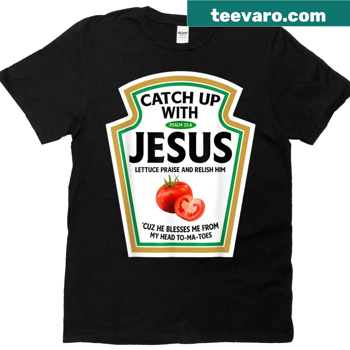 Funny ketchup-themed Christian T-shirt design — on a men's t-shirt