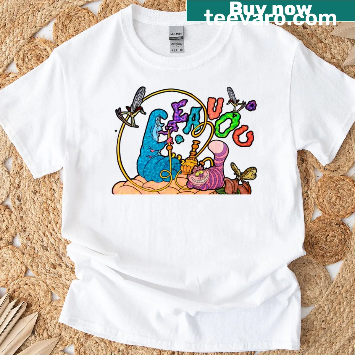 Illustration of a caterpillar and Cheshire Cat smiling on a T-shirt — on a men's t-shirt