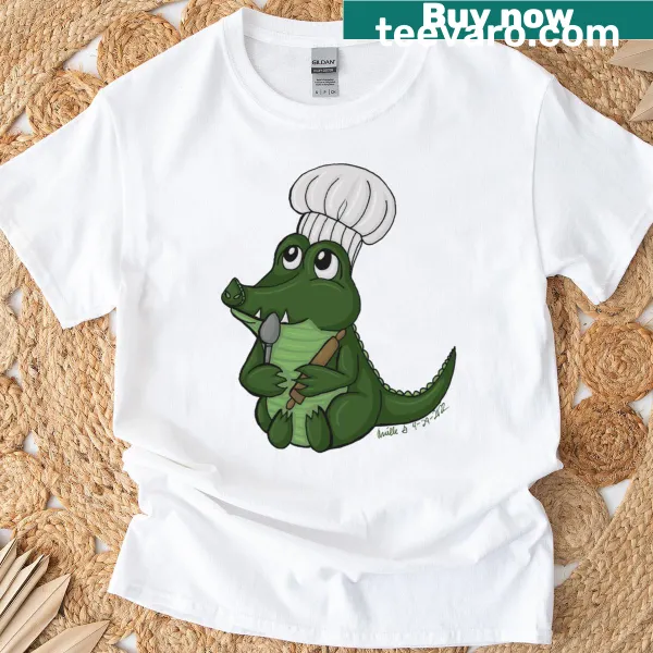 Illustration of an alligator dressed as a chef on a T-shirt