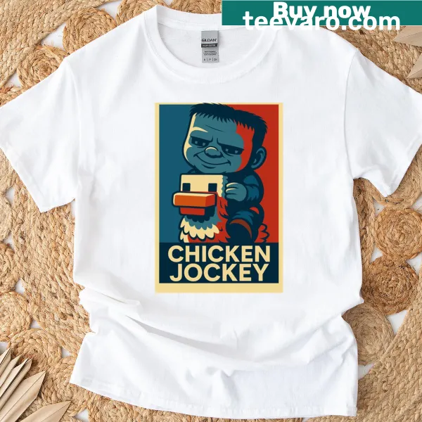 Whimsical chicken jockey design on a T-shirt