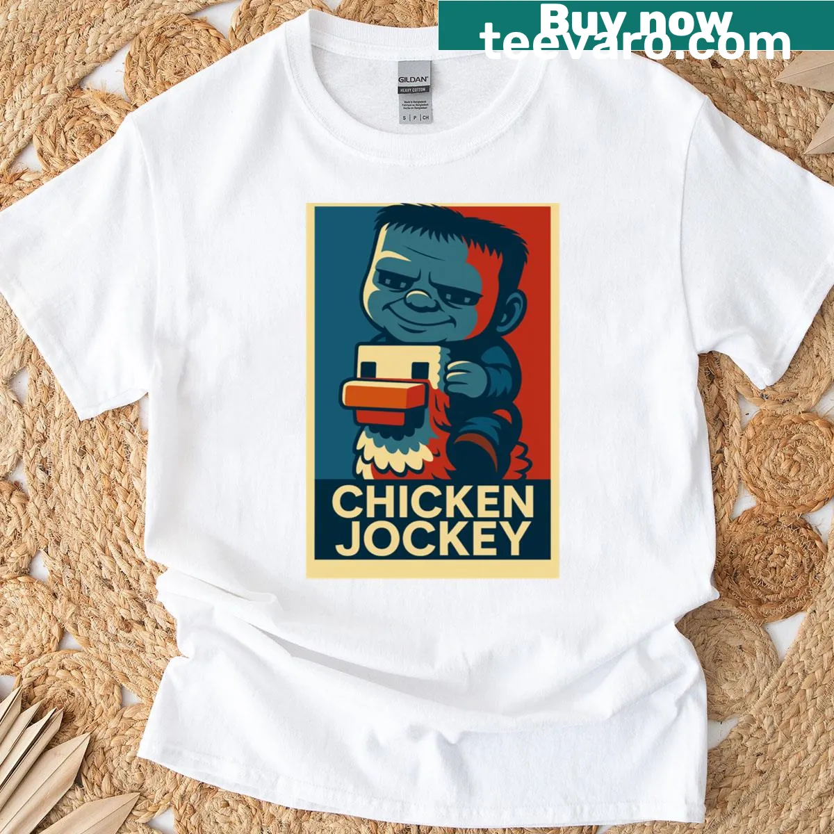 Whimsical chicken jockey design on a T-shirt — on a men's t-shirt