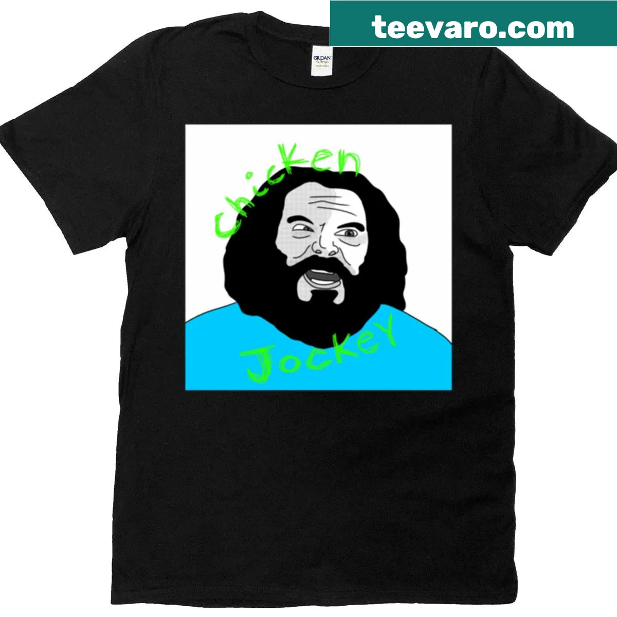 Playful oversized t-shirt with a cartoon chicken jockey design — on a men's t-shirt