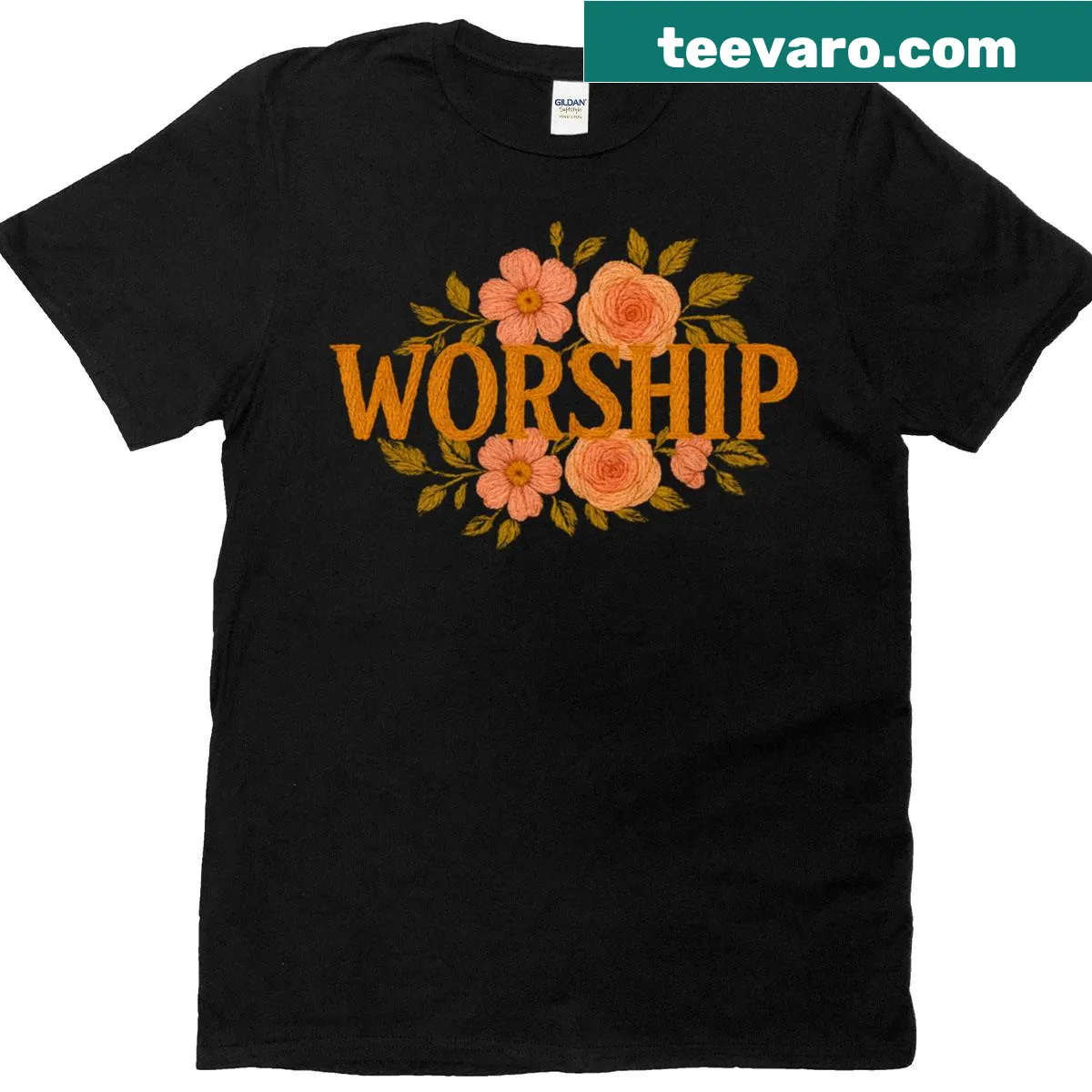 Embroidered t-shirt featuring floral designs and worship text — on a men's t-shirt