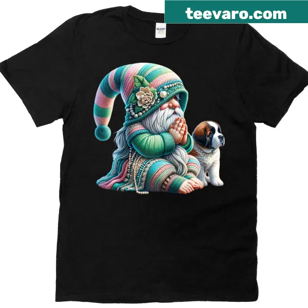 Raglan t-shirt featuring a gnome and St. Bernard dog illustration