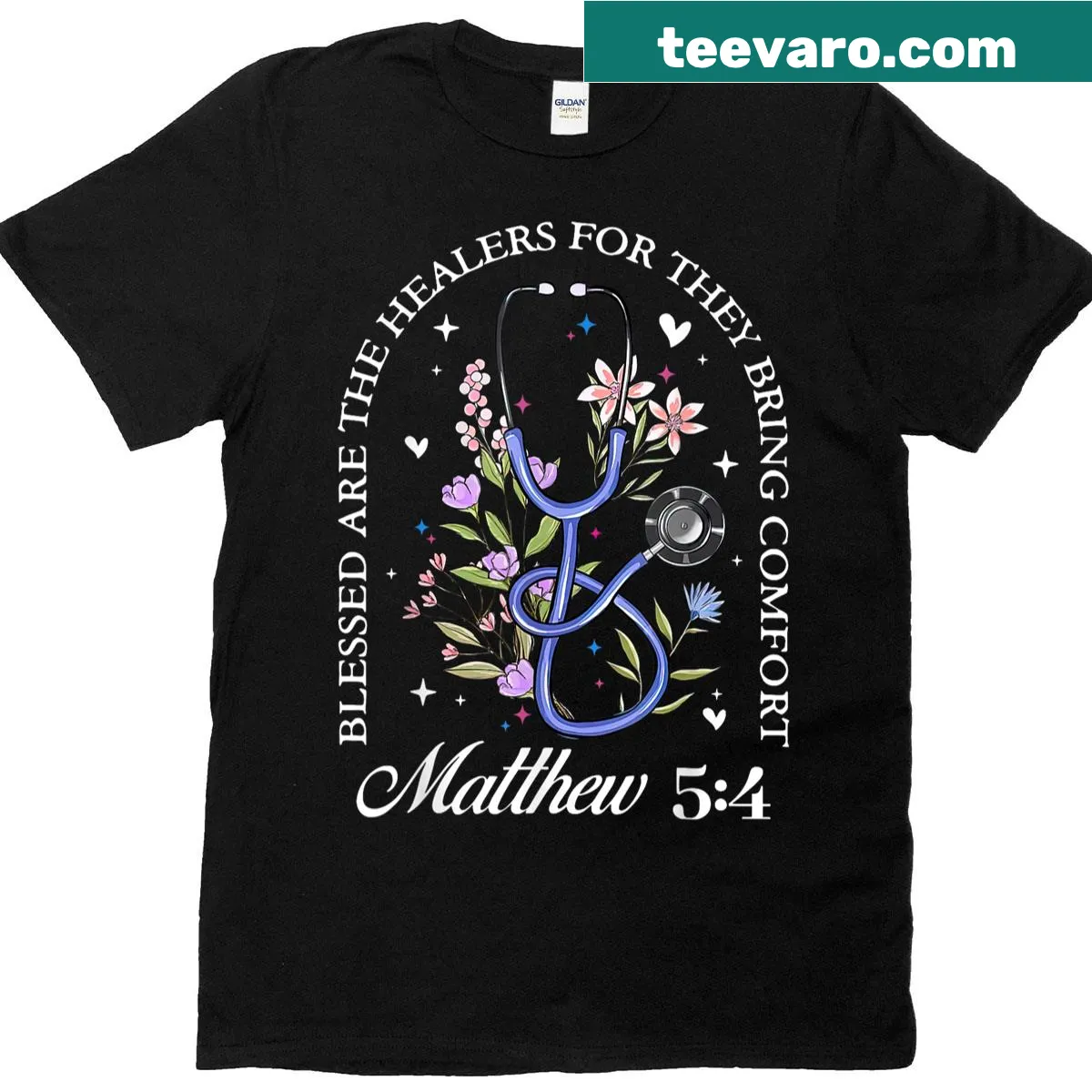 T-shirt with stethoscope, flower, and Matthew 5-4 Bible verse design — on a men's t-shirt