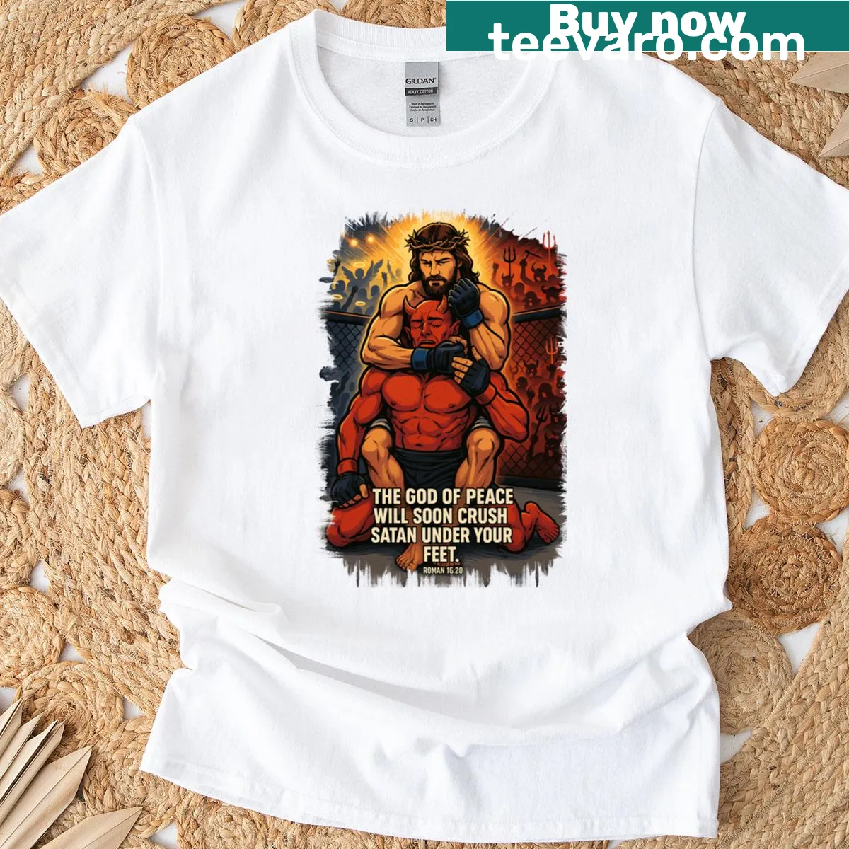 Comic graphic of Jesus vs. Devil in MMA style — on a men's t-shirt