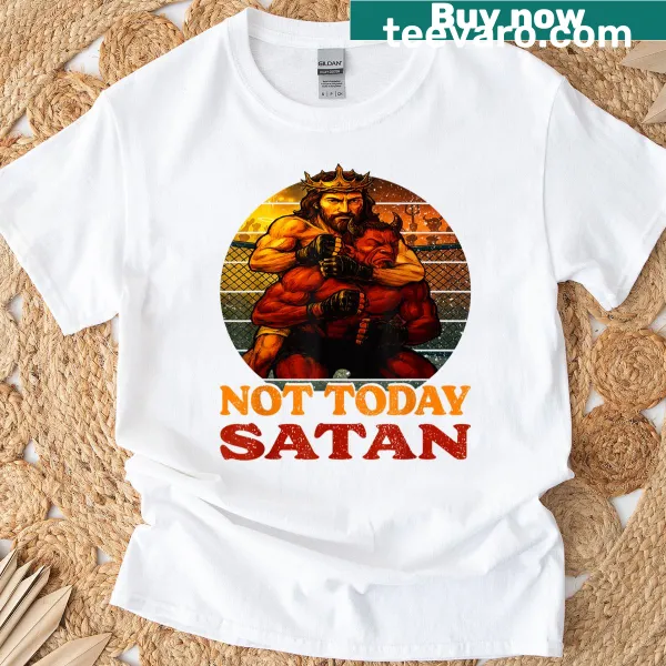 Comic graphic of Jesus and the Devil with 'Not Today Satan' text on a T-shirt