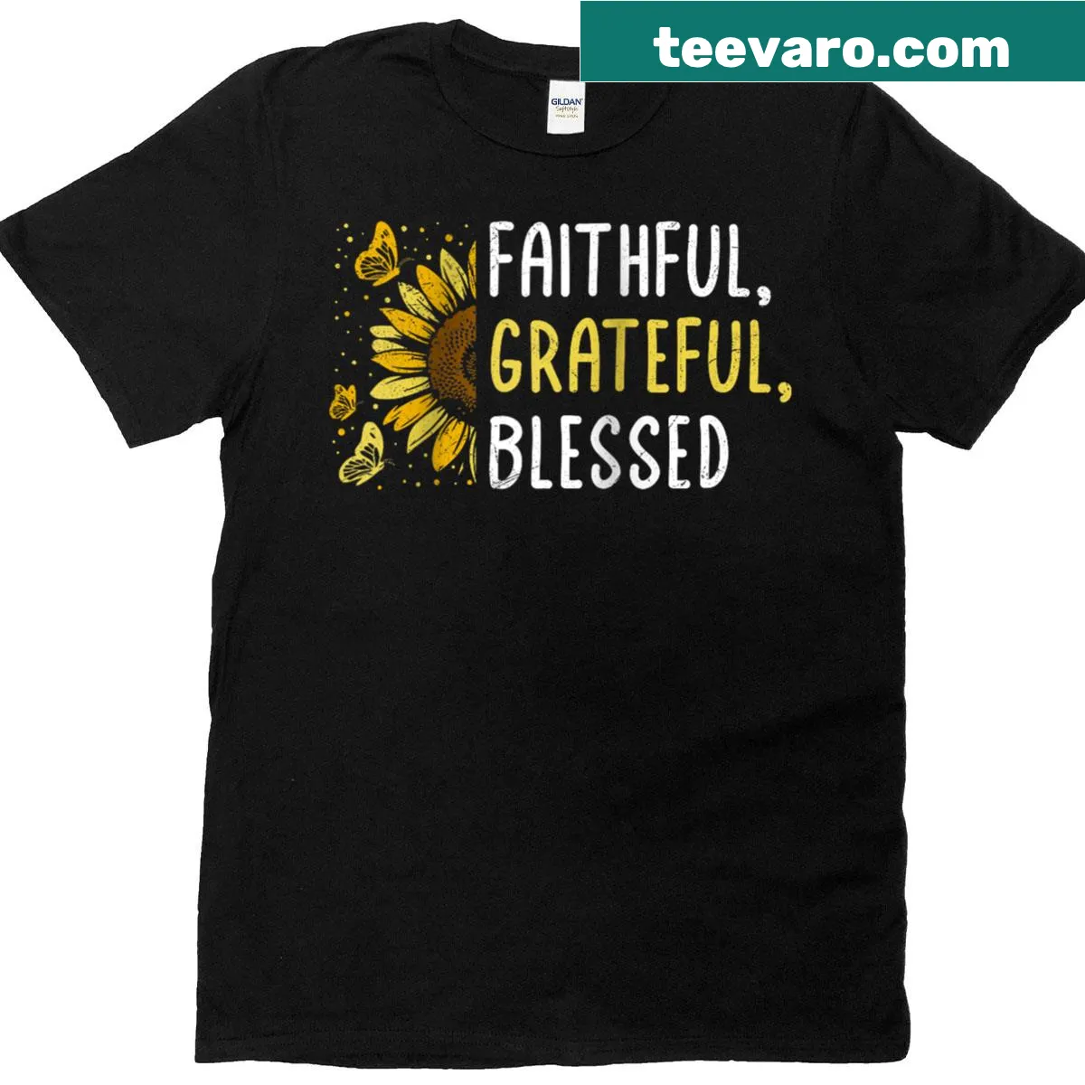 Raglan baseball tee with sunflower and text 'Faithful Grateful Blessed' — on a men's t-shirt