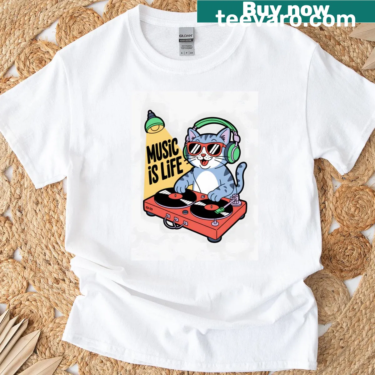 Illustration of a cool cat DJ spinning records on a T-shirt — on a men's t-shirt