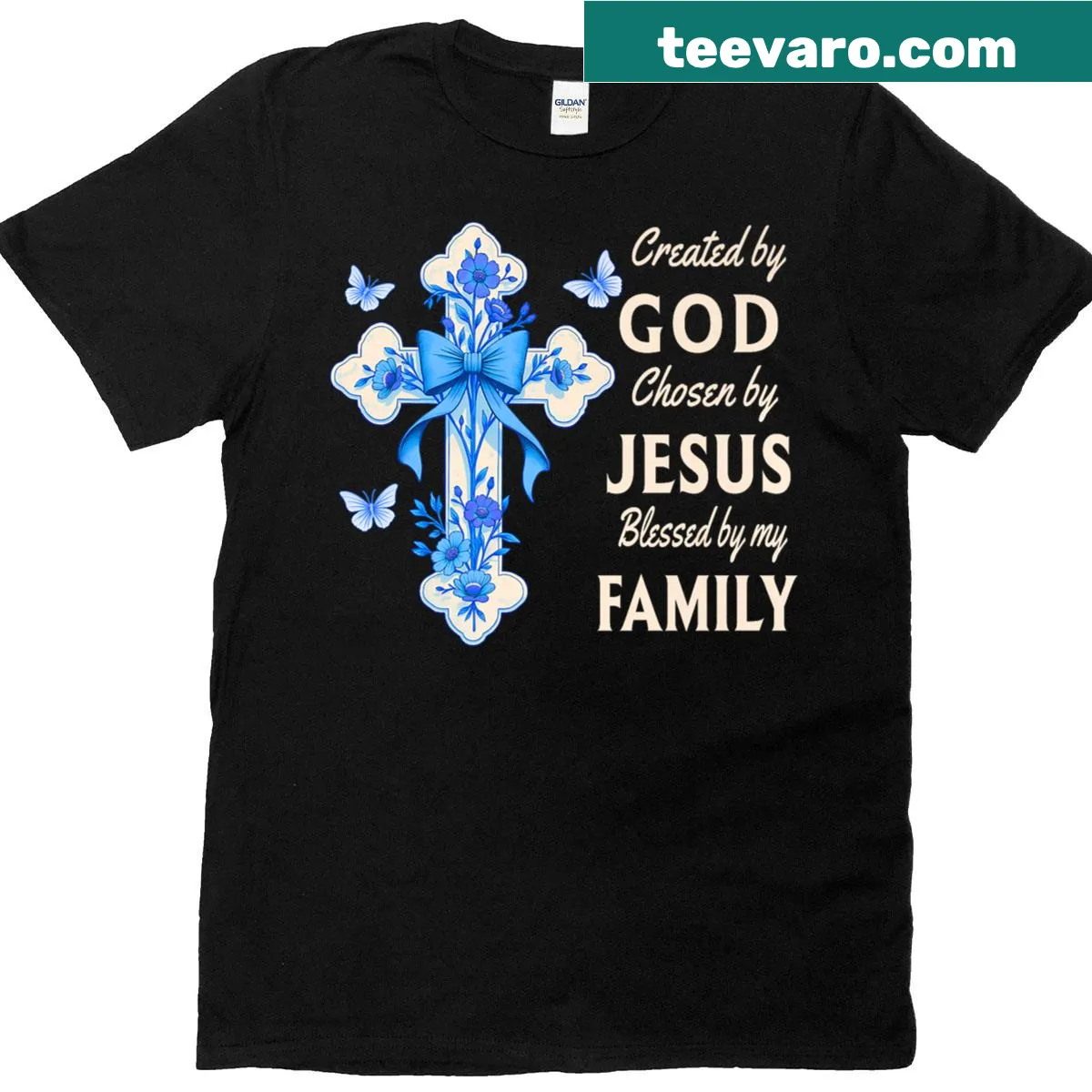 Floral cross design representing faith and family — on a men's t-shirt
