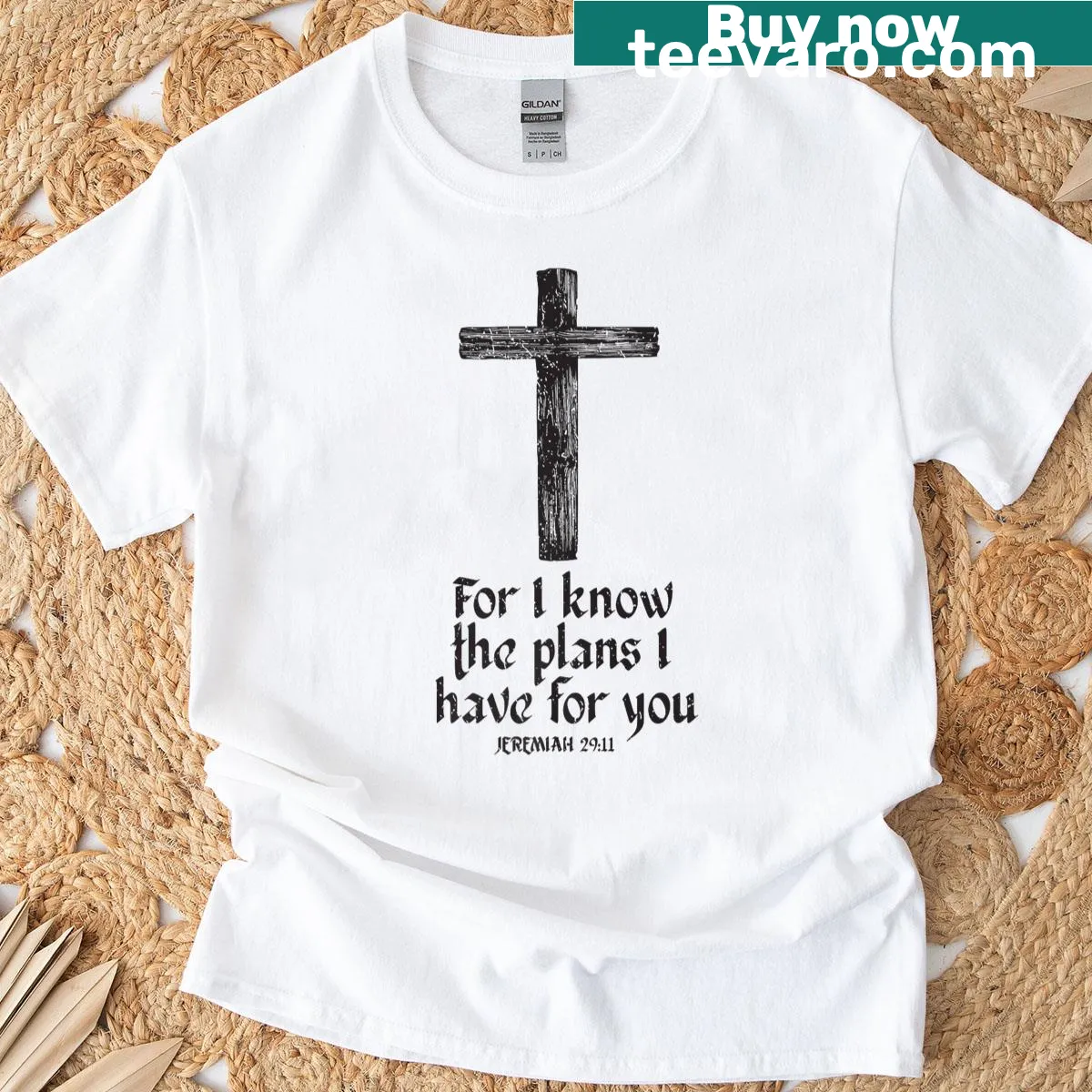 Retro T-shirt with cross and inspirational Bible verse — on a men's t-shirt