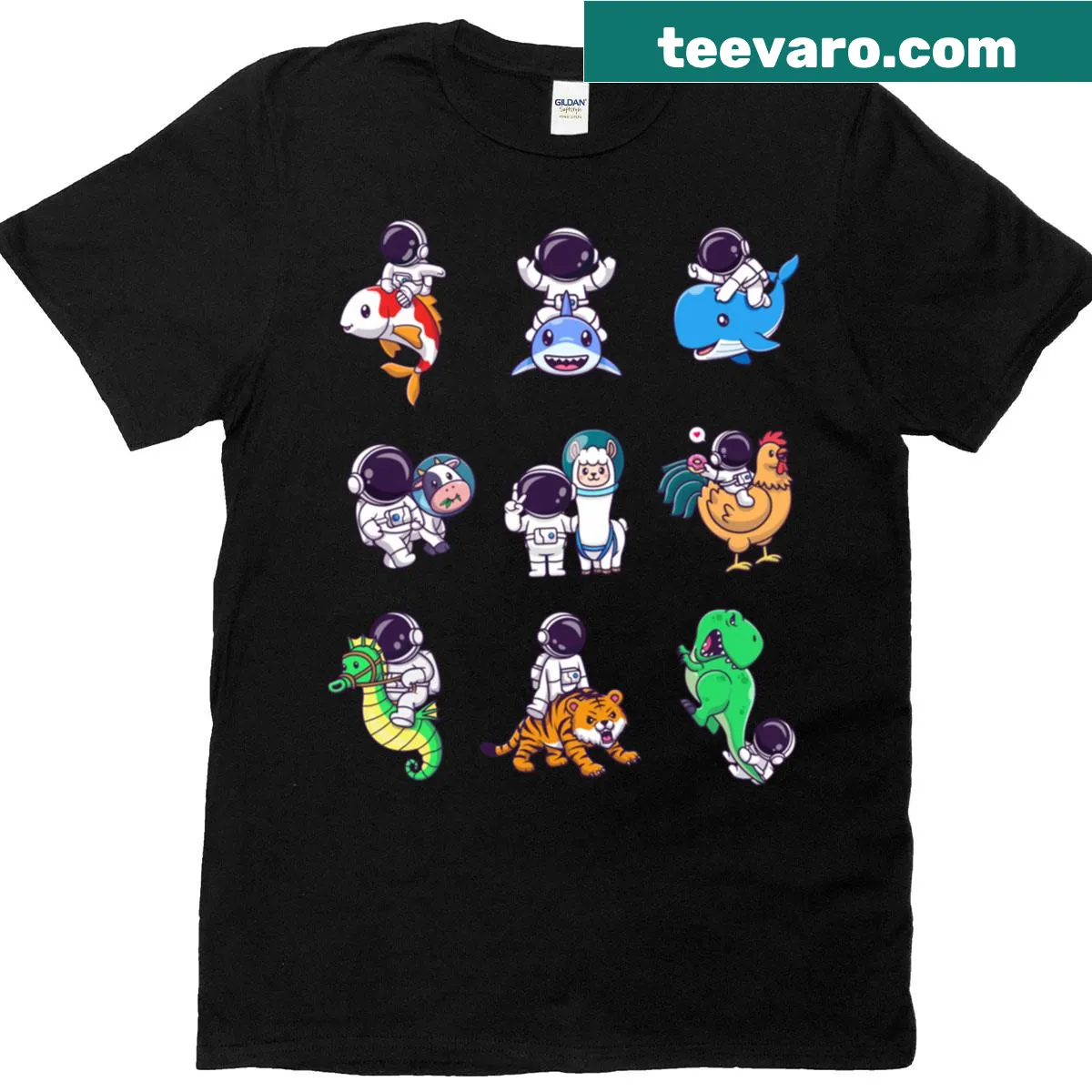 Cute astronaut surrounded by animals on T-shirt — on a men's t-shirt