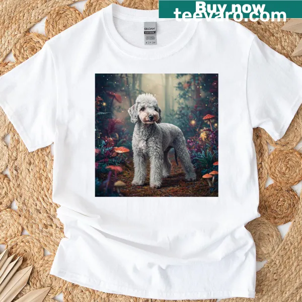 Illustration of a cute dog in a woodland setting on a scoop t-shirt