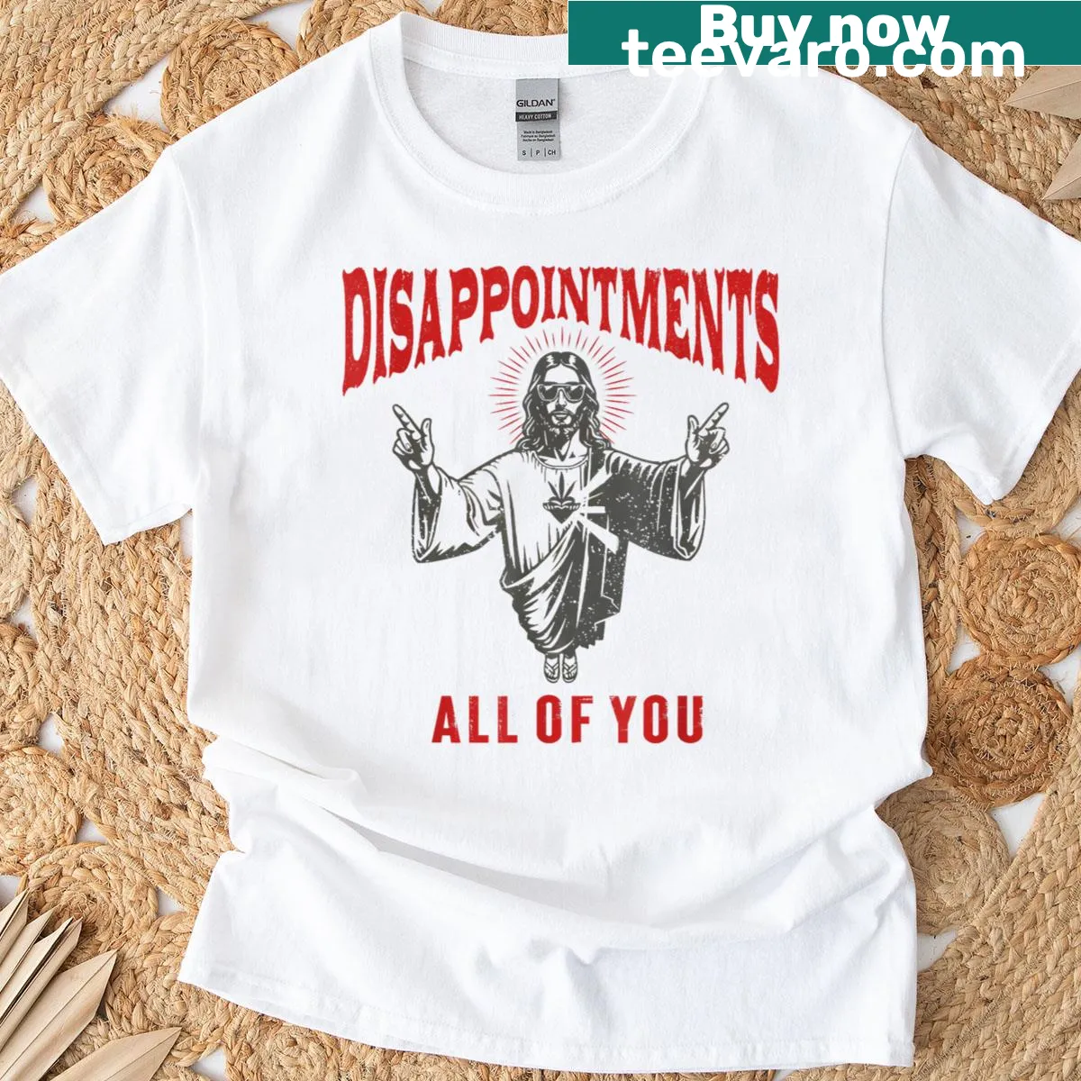 Sarcastic text 'Disappointments All Of You Jesus' on a t-shirt — on a men's t-shirt