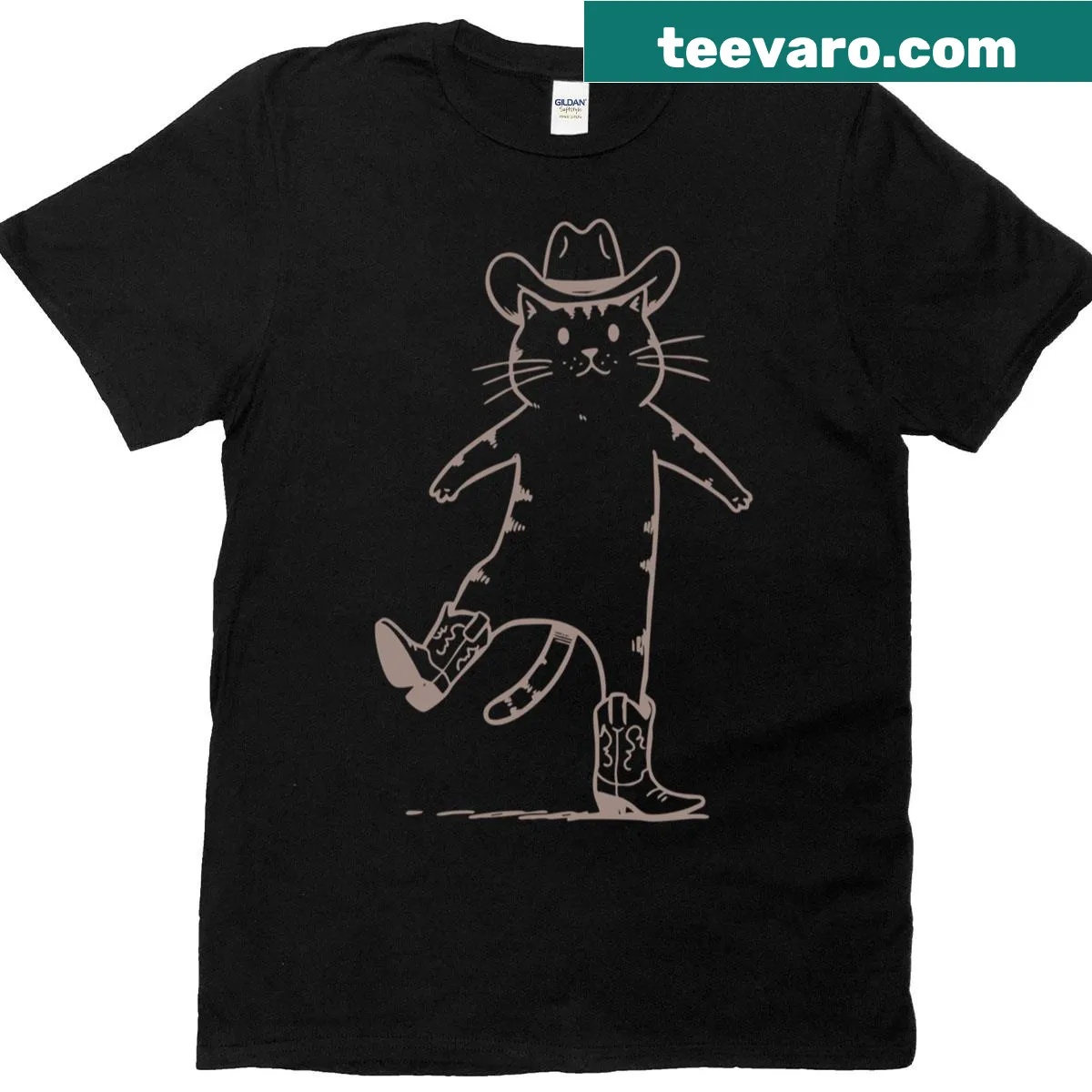 Doodle of a dancing cowboy cat on T-shirt — on a men's t-shirt