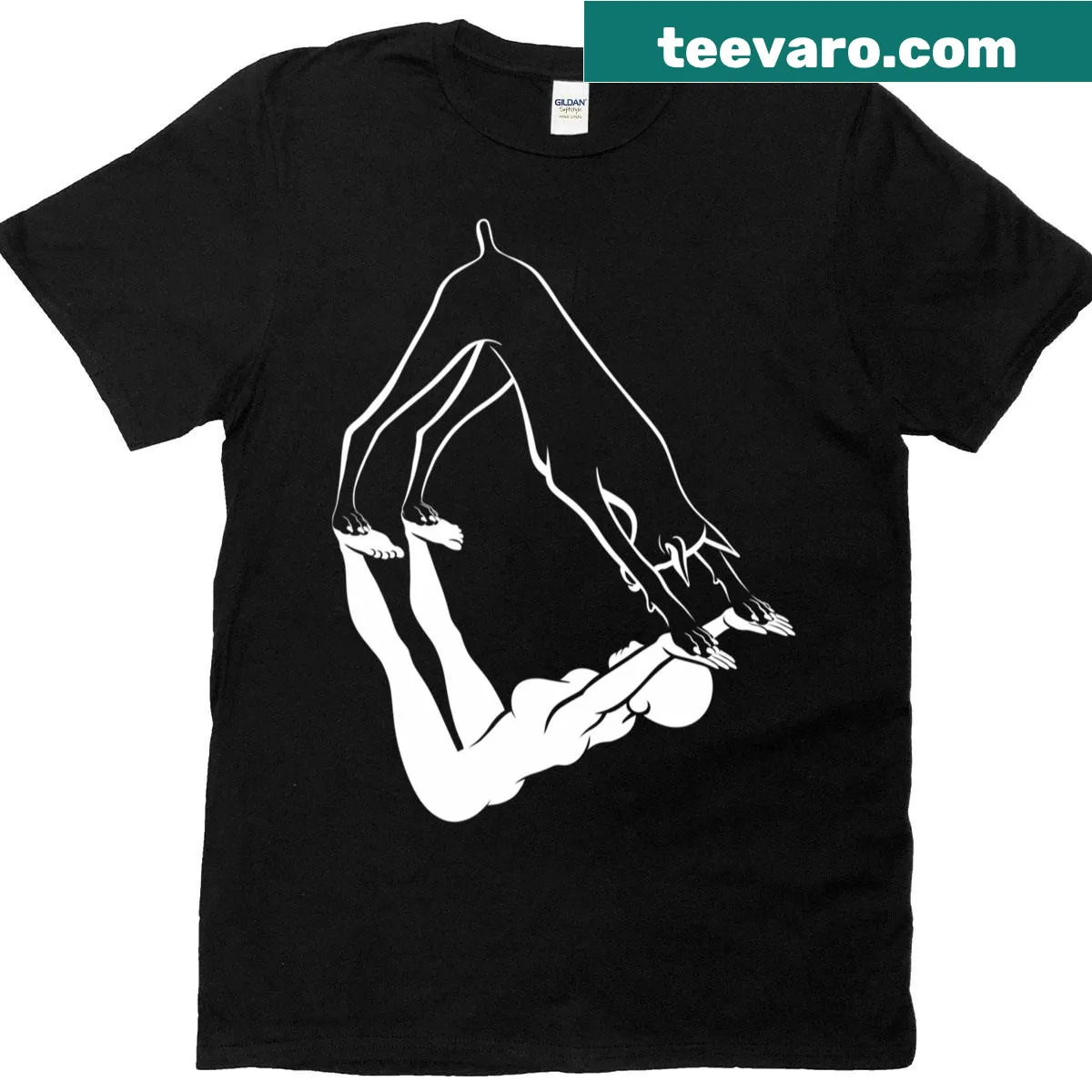 Funny T-shirt featuring a playful illustration of the Downward Dog yoga pose. — on a men's t-shirt