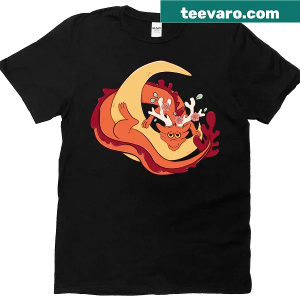 Illustrated dragon resting on a crescent moon on an oversized t-shirt
