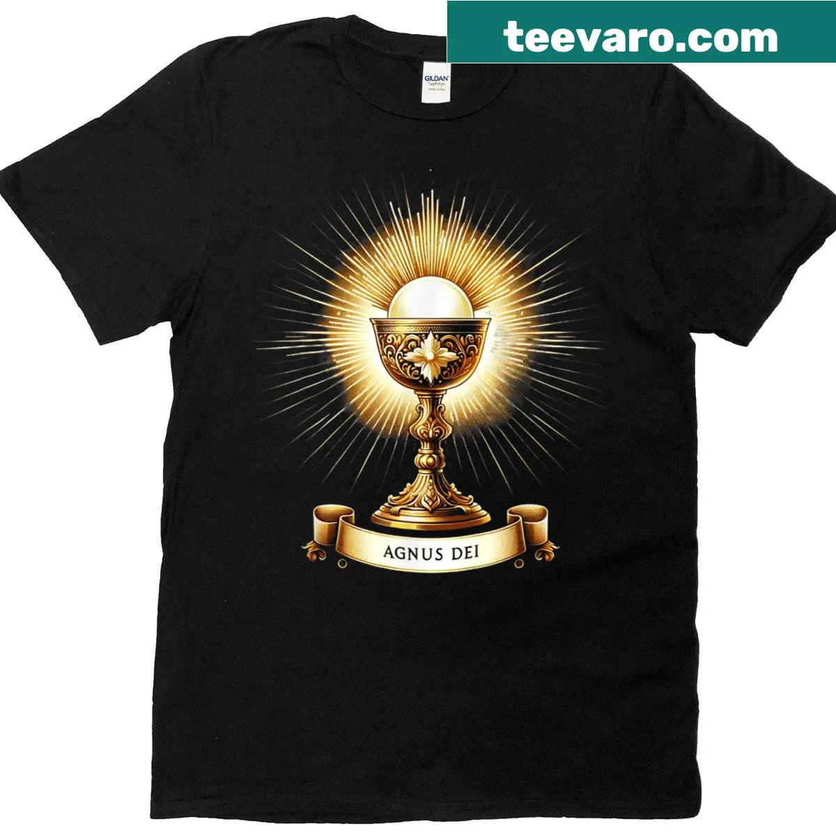 Eucharistic Consecration design featuring traditional Latin Mass text — on a men's t-shirt