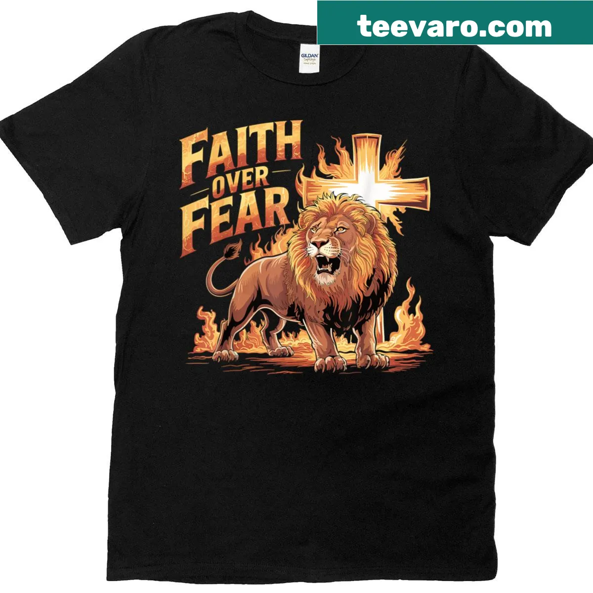 T-shirt featuring Lion of Judah and 'Faith Over Fear' message — on a men's t-shirt