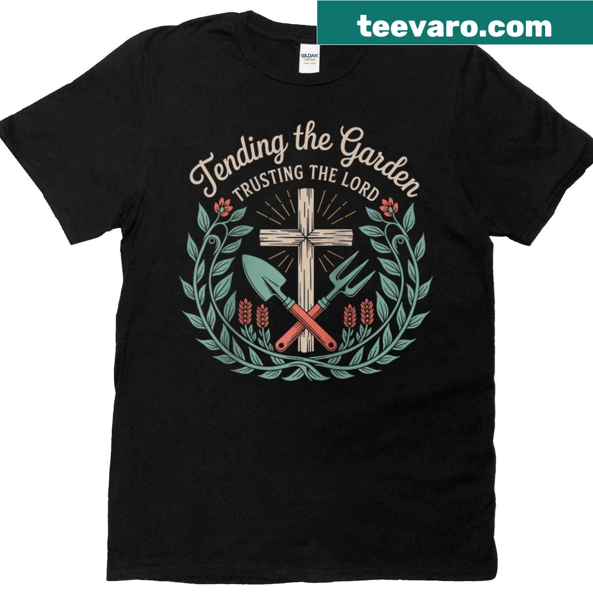 Raglan tee with scripture-based farming message — on a men's t-shirt