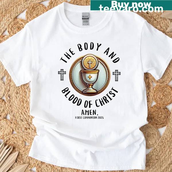 First Communion raglan tee with Jesus and religious text
