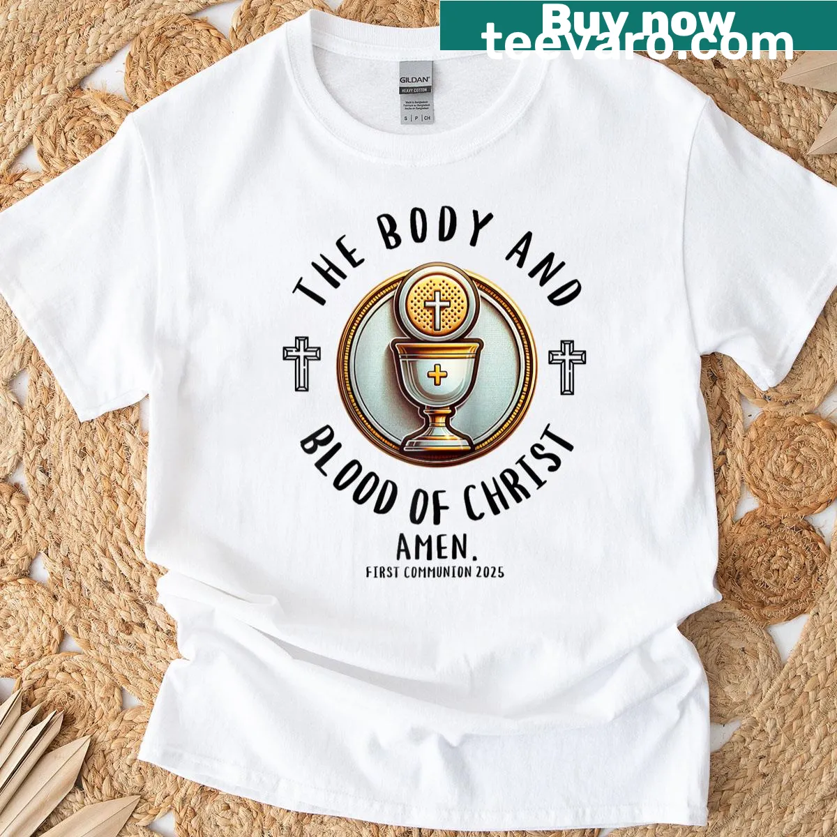 First Communion raglan tee with Jesus and religious text — on a men's t-shirt