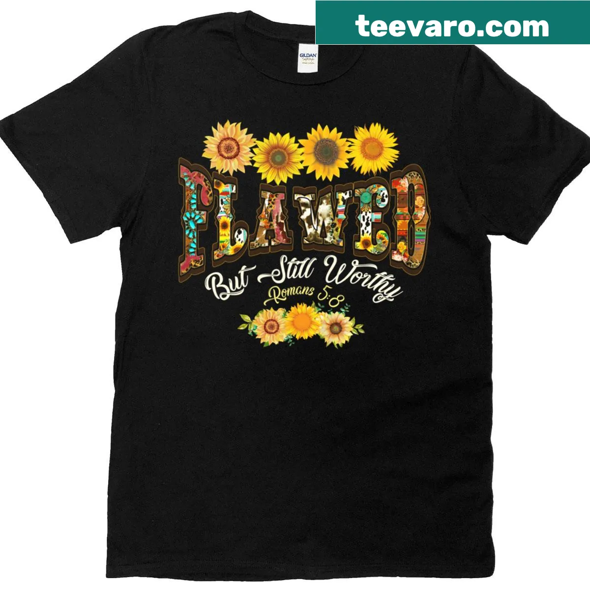 Floral t-shirt with the phrase Flawed But Still Worthy from the Bible — on a men's t-shirt