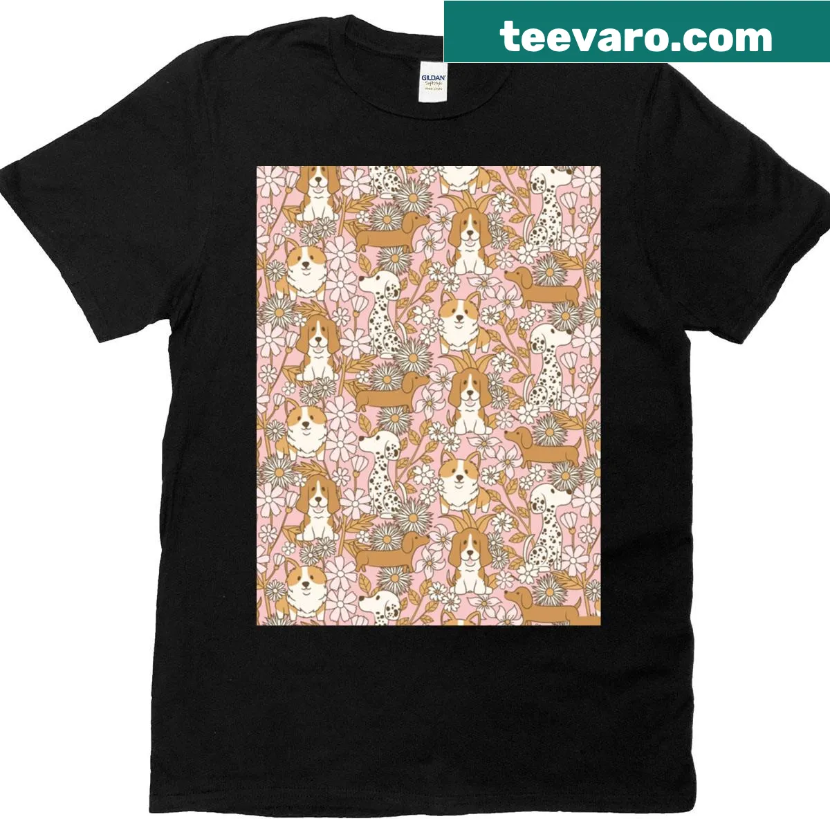 Cute floral puppies graphic T-shirt for dog lovers — on a men's t-shirt