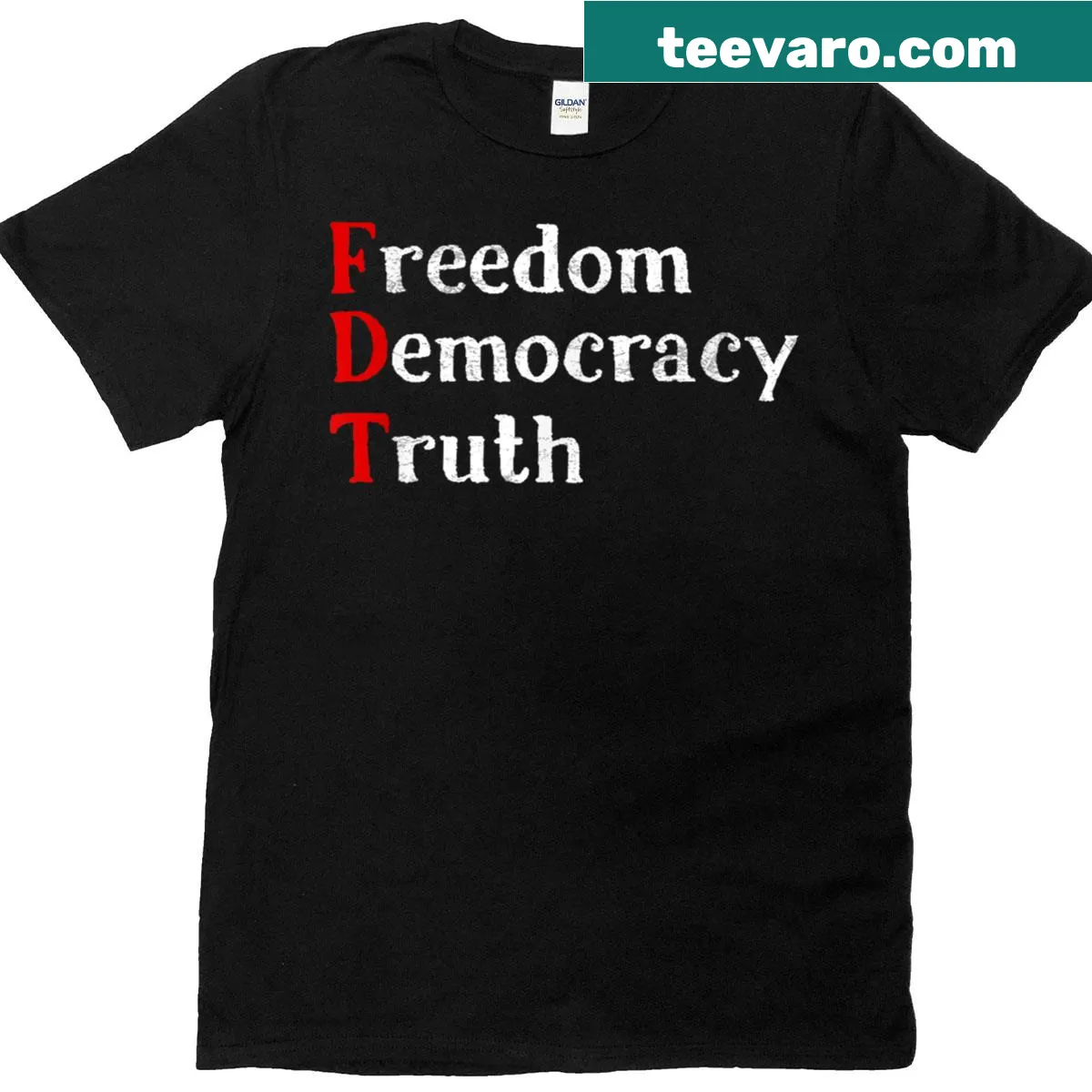 Bold typography T-shirt featuring freedom and democracy phrases with phonetics — on a men's t-shirt