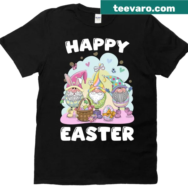 T-shirt with funny Easter garden gnomes and bunnies illustration