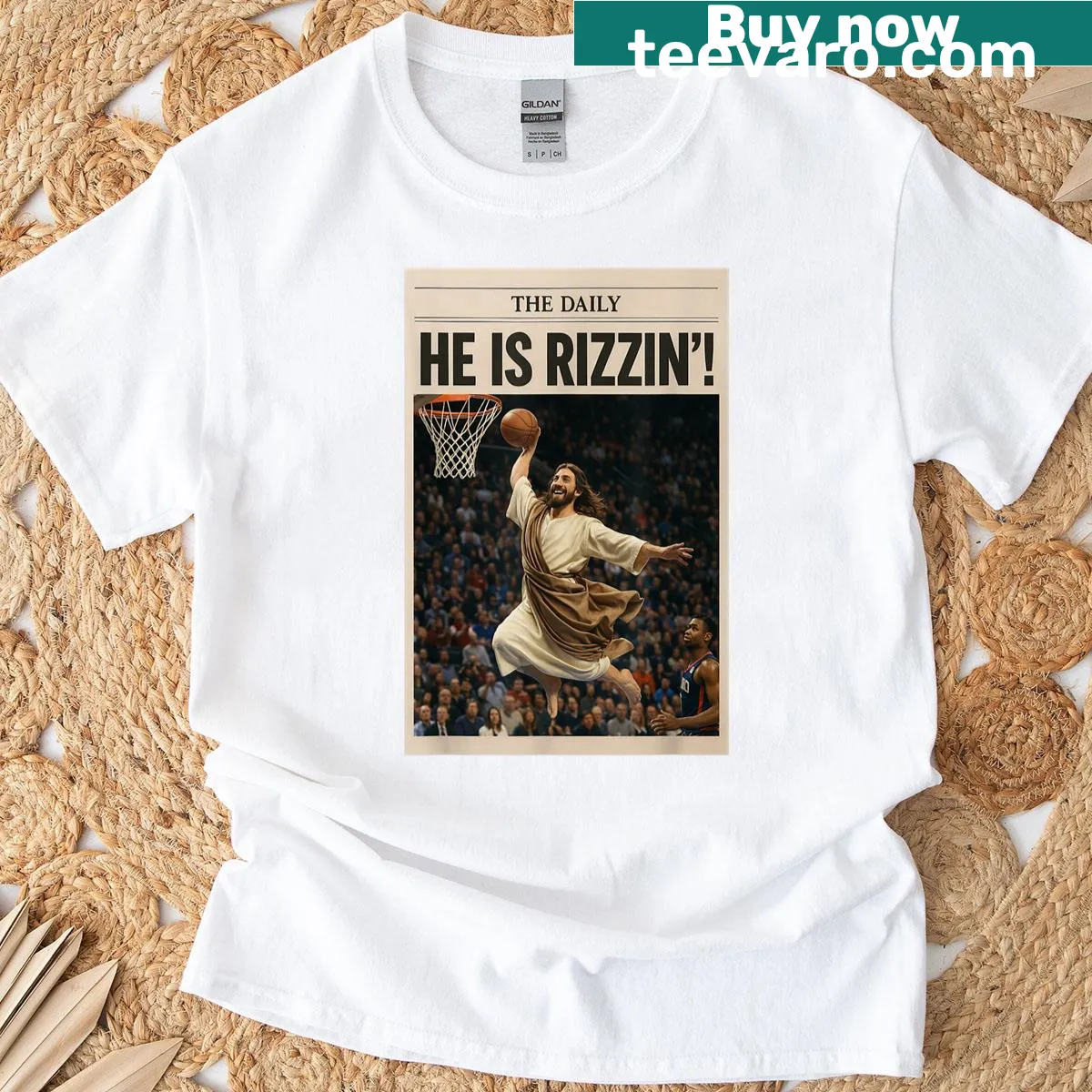 Humorous Easter-themed T-shirt featuring a basketball Jesus illustration — on a men's t-shirt